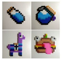 four different pictures of the same animal made out of perler beads