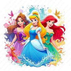 three disney princesses with watercolor splashs and butterflies on their backs, one in blue