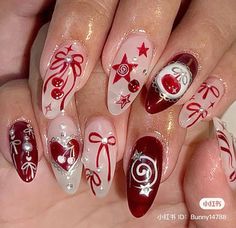 Nail inspo Y2k Xmas Nails, Y2k Red Nails, Y2k Christmas Nails, Nail Inspo Y2k, Japan Nails, Belle Nails, Kpop Nails, Special Nails, Asian Nails