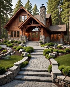 a house with stone steps leading to the front door and entry way, surrounded by pine trees