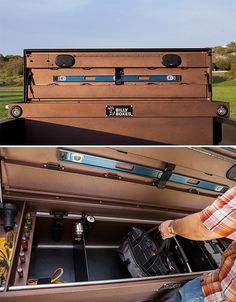 there is a man that is sitting in the back of a truck with his luggage