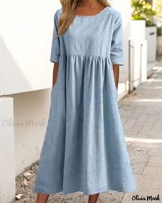 OliviaMark - Premium Relaxed Fit Cotton Linen Dress with Crew Neck and 5/4 Sleeves - Long, Elegant, and Solid Color Casual Cotton Dress, Women Cotton Dress, Marine Uniform, Cotton Linen Dresses, Linen Casual, Solid Color Dress, Vestidos Vintage, Loose Outfit, Vestido Casual