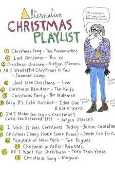 an illustrated christmas playlist with the names and numbers for all of it's characters