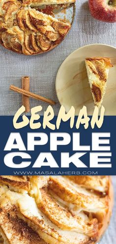 german apple cake on a plate with cinnamon sticks and an apple in the back ground