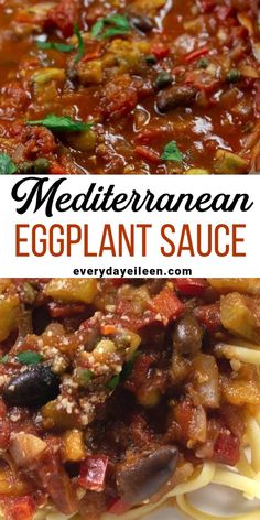 Pasta with an eggplant, tomato sauce with Pinterest overlay. Eggplant Salsa Recipes, Eggplant Salsa, Shredded Eggplant Recipes, Eggplant Tomato Sauce, Eggplant And Pasta, Mediterranean Diet Recipes Casseroles, Eggplant Dinners, Eggplant Sauce Recipes, Eggplant With Pasta