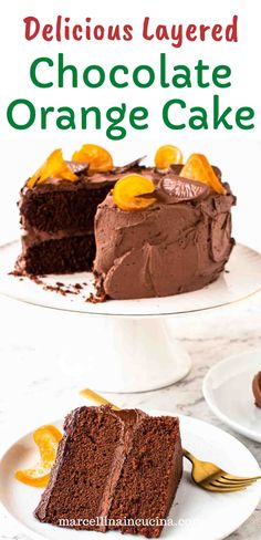 delicious layered chocolate orange cake on a white plate