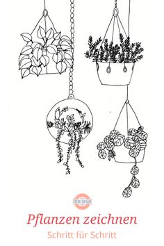 an image of planters hanging from hooks with flowers in them and the words planzen zeichnen