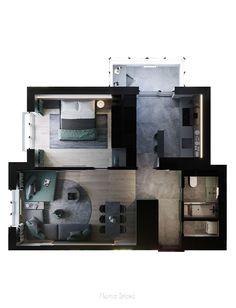 an overhead view of a bedroom and living room