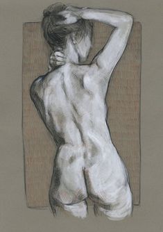 a drawing of a naked man with his back turned to the side and hands behind his head