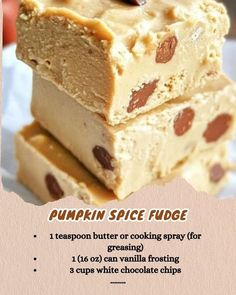 three pieces of pumpkin spice fudge stacked on top of each other