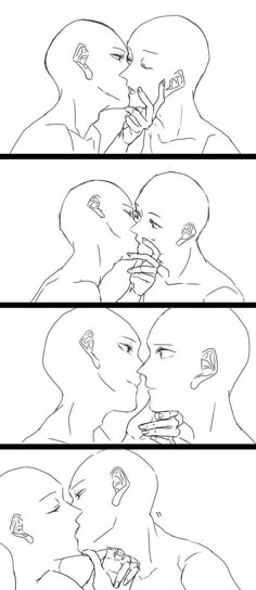 three different lines showing the faces of two people and one is kissing another person's face