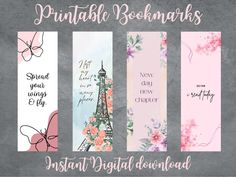 three bookmarks with flowers and the eiffel tower in pink, blue, white and