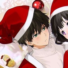 two anime characters dressed up as santa and mrs claus, one is hugging the other