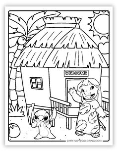 a coloring page for children with a dog and a house in the background, which is outlined