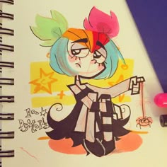 a drawing of a girl with colorful hair holding a stick and looking at the camera