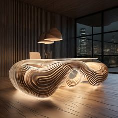 a wooden table sitting on top of a hard wood floor next to a large window