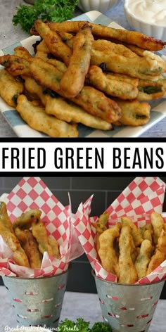 Collage of fried green beans on plate at top and two buckets lined with paper and filled with fried green beans at bottom. Battered Green Beans Air Fryer, Fried Green Onions Recipes, Fried Veggie Batter, How To Fry Green Beans, Deep Fried Green Beans Recipe, Batter For Frying Vegetables, Green Bean Appetizer Recipes, Breaded Green Beans