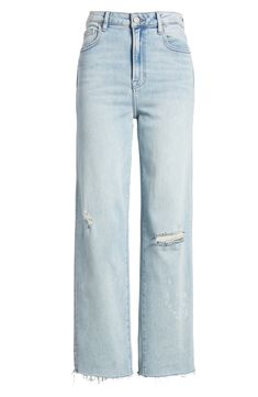 Made to look like well-loved favorites, these stretchy straight-leg jeans are distressed with threadbare rips, bleach splatters and ankle-grazing raw hems. 28" inseam; 11 1/2" front rise Zip fly with button closure Five-pocket style 93% cotton, 5% polyester, 2% spandex Machine wash, tumble dry Imported High Rise Washed Blue Distressed Cropped Jeans, High Rise Distressed Washed Blue Cropped Jeans, Distressed High Rise Cropped Jeans In Washed Blue, Trendy Ripped Light Wash Cropped Jeans, Trendy Distressed Light Wash Flare Jeans, Trendy Light Wash Distressed Flare Jeans, Faded Distressed Jeans For Spring, Mid-rise Washed Blue Distressed Cropped Jeans, Faded Distressed Cropped Leg Jeans