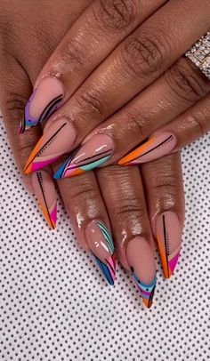 Abstract Pride Nails, 90a Nails, Jamaica Nail Designs, Dope Nail Designs Summer, Unique Nail Designs Summer, Summer Nails 2023 Gel, Abstract Nail Designs, Graffiti Nail Art, Summer Stiletto Nails