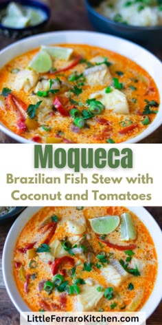 two bowls of moqueca, brazilian fish stew with coconut and tomatoes on the side