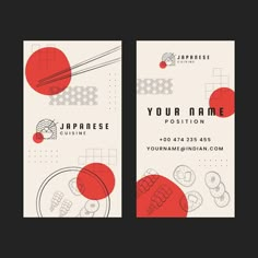 two business cards for japanese cuisine with sushi and chopsticks on the side