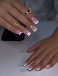 cute white french tips  #nails #nailideas #nailinspo #frenchnails #frenchtips #whitetips #prettynails #cutenails #summernails #winternails #nailart #naildesigns #acrylicnails #longnails #nailextensions #aestheticnails French Finish Nails, Short Squared Frenchies, Coffin Nail Ideas Simple, Short Classy Nail Designs 2024, Simple Summer Nails Square, Bridesmaids Nails, Classy Acrylic, Kutek Disney, 2024 Nails