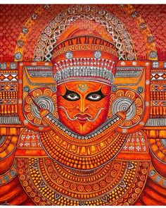 an artistic painting of a woman's face in red and orange colors with intricate designs