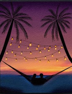 two people are sitting in a hammock with lights strung from the palm trees