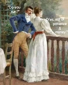 a man and woman standing on a porch next to each other with the caption do you run? yes, out of pattern & money