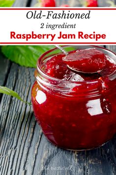 raspberry jam recipe in a jar on a wooden table with the title overlay