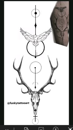 an image of a deer skull with birds on it's head and arrows in the background