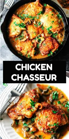 chicken chasseur in a skillet with mushrooms and parsley on the side