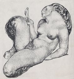 a black and white drawing of a naked woman with a bird in her hand,