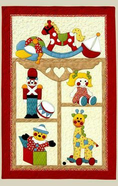 a quilted wall hanging with various stuffed animals and toys on it's sides