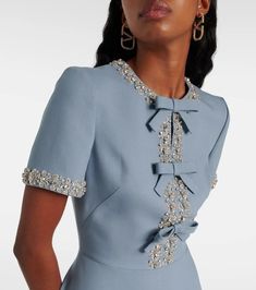 Valentino Garavani Crepe Couture Embellished Midi Dress - Blue | Editorialist Wool Crepe Dress, Blue Dress Design, Blue Winter Dress, Silk Dress Formal, Silk Crepe Dress, Couture 2024, Midi Dress Outfit, Embroidery Dresses, Embellished Midi Dress