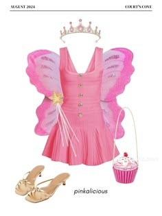 a pink fairy costume with shoes and a cupcake