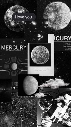 black and white collage with images of the moon, planets, and stars in it