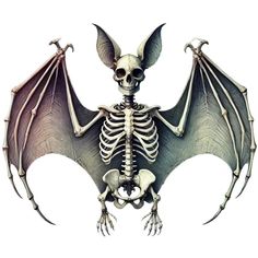 a skeleton bat with wings and fangs on it's back, sitting in front of a white background