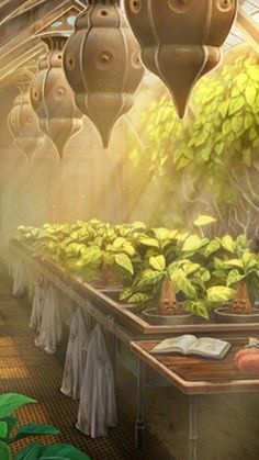 an image of a room filled with potted plants and hanging lanterns in the ceiling