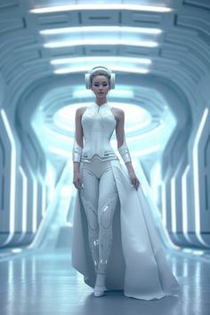 a woman dressed in white is walking down the runway wearing futuristic garb and headpieces