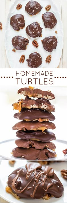 homemade turtle cookies are stacked on top of each other