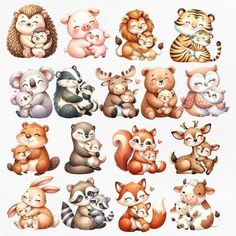 a bunch of animals that are together on a white paper with watercolor paint effect