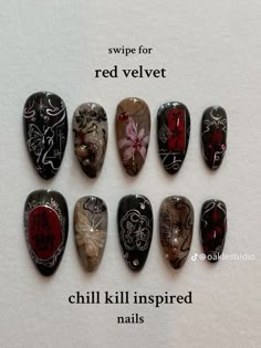 Red velvet, chillkill nails<3 Artsy Nail Art, Deftones Nails, Red Velvet Nails, Velvet Nails, Punk Nails, Goth Nails, Grunge Nails, Pretty Gel Nails, Really Cute Nails