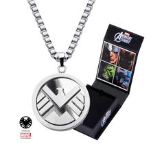 the avengers necklace is in its box and it's attached to a silver chain