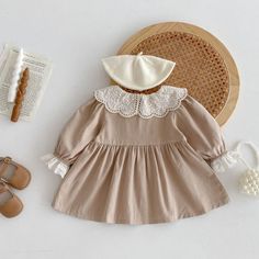 Product ID: BBB00332  Material: 95% Cotton  Color: Khaki      Size Chart        Size (Age)    Height (CM)   Chest (CM)    Length (CM)       6-12M     67-75     54    42      12-18M     76-85     56    45      18-24M     86-95     58    48      2-3T     95-105     60    51      3-5T     105-115     62    54      *Babies grow at their own pace. It's recommended to choose the size that corresponds to your mini's height and weight rather than their age for a much more accurate fit. Please also take delivery time into consideration.  *The parcel only contains the dress. Other pieces or accessories shown are only used for photo props. Vintage Baby Girl Clothes, Baby Lace, Childrens Clothes Girls, Vintage Baby Girl, Best Winter Outfits, Girls Casual Dresses, Spring Baby, Princess Dresses, Khaki Dress