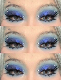 Blue Eye Makeup Alternative, Outerspace Aesthetic Outfit, Early 00s Makeup, Alt Blue Makeup, Frutiger Aero Makeup, Under The Sea Makeup Looks, Ocean Inspired Makeup, 2000s Scene Makeup, Blue And White Makeup Looks