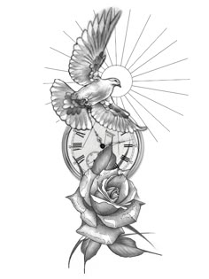 a drawing of a clock with a bird on it and a rose in the foreground