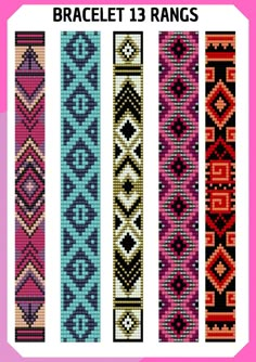 three rows of bracelets with different colors and designs on them, one is pink, the