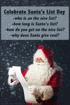 santa claus holding a piece of paper with the words celebrate santa's list day