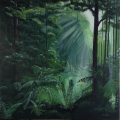 an oil painting of a forest scene with sunlight coming through the trees and ferns on the ground